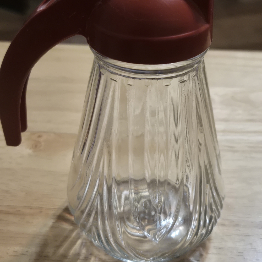 Vintage Glass Syrup Dispenser With Plastic Red Lid And Handle